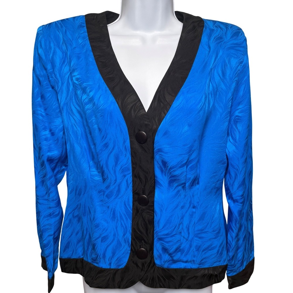 VTG 80s ADRIANNA PAPELL‎ Blue 100% Silk Jacquard Blazer Sz 10 Power Suit Luxe
